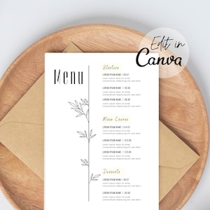 Modèle Canva de menu de restaurant minimal, modèle de menu de restaurant modifiable, menu minimaliste, taille de lettre standard 8.5x11, téléchargement instantané