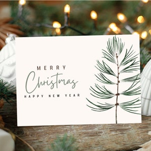 Plantilla de tarjeta de Navidad en acuarela, tarjeta de Navidad editable, tarjeta navideña imprimible, corona de vegetación de invierno, tarjeta de felices fiestas