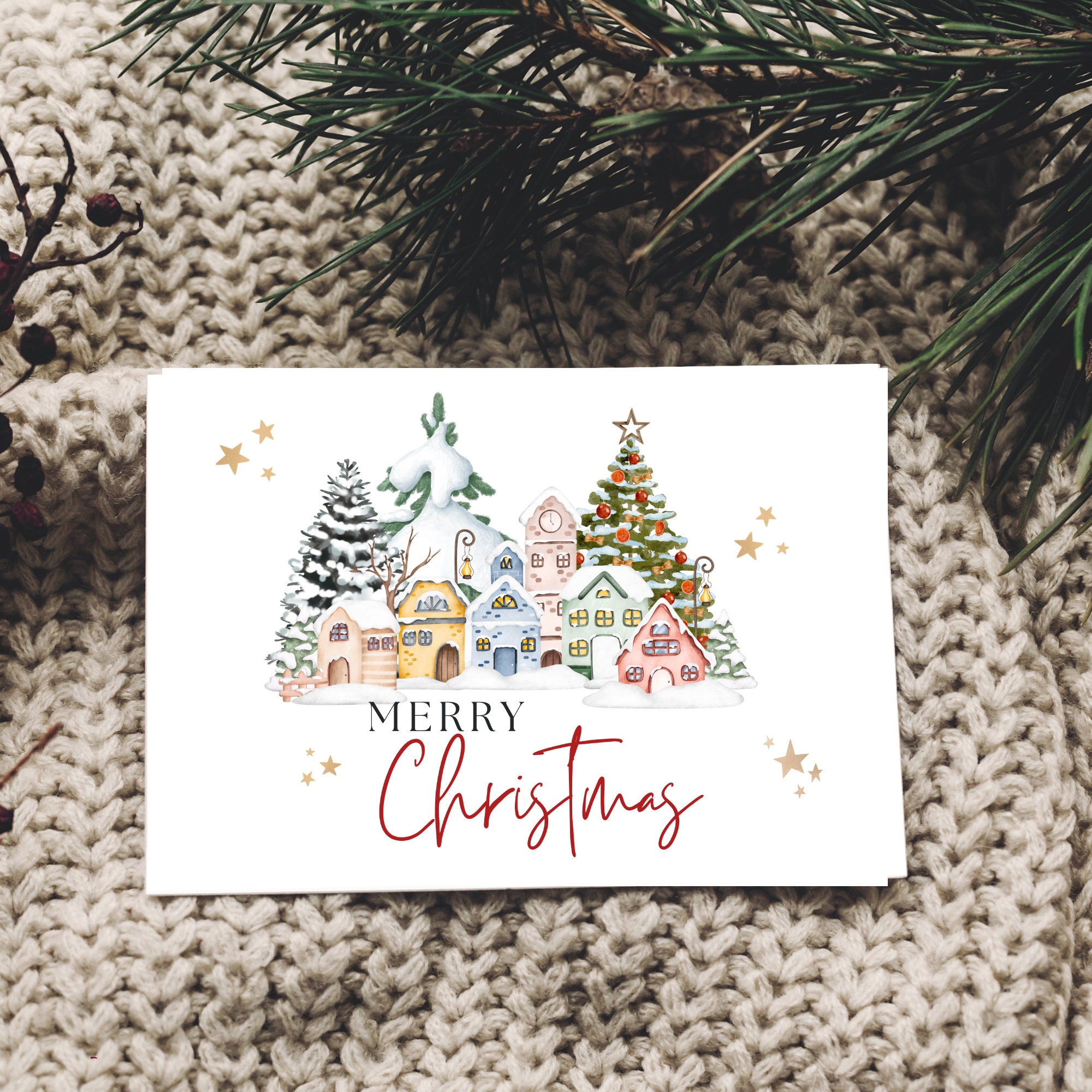 Boho Christmas Card, Modern Holiday Card Template, Printable Holiday