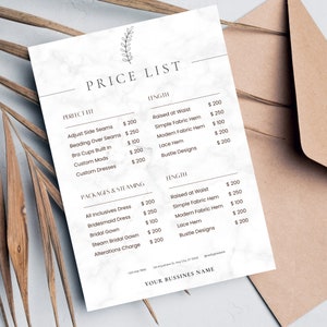 Modelo de lista de preços editável, modelo de menu de serviços, folha de preços para impressão DIY em casa, folheto de lista de preços para pequenas empresas, lista de preços