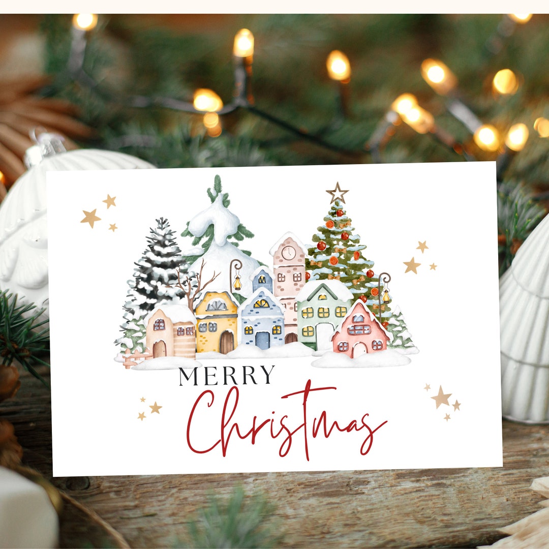 Boho Christmas Card, Modern Holiday Card Template, Printable Holiday