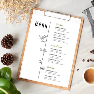 Modèle de toile de menu de restaurant minimal, modèle de menu de restaurant modifiable, menu minimaliste, format lettre standard 8,5 x 11, téléchargement immédiat