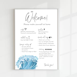 Cartel de bienvenida para anfitriones de Airbnb, alquiler vacacional imprimible, póster de llegada de huéspedes, plantilla para VRBO, cosas que debe saber, reglas de la casa de playa, Wifi