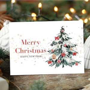 Modello di biglietto di Natale ad acquerello, biglietto di Natale modificabile, biglietto di auguri stampabile, ghirlanda di verde invernale, biglietto di buone feste