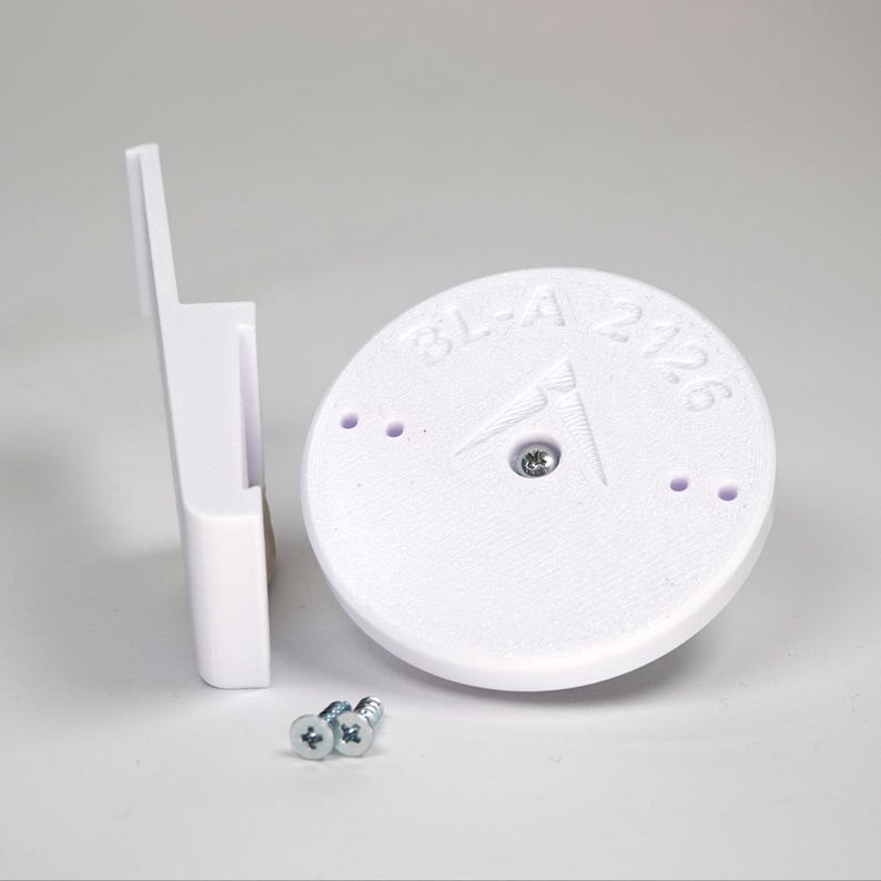 3D-printed plank siding clip and circular mounting base for a Blink camera, include screws.