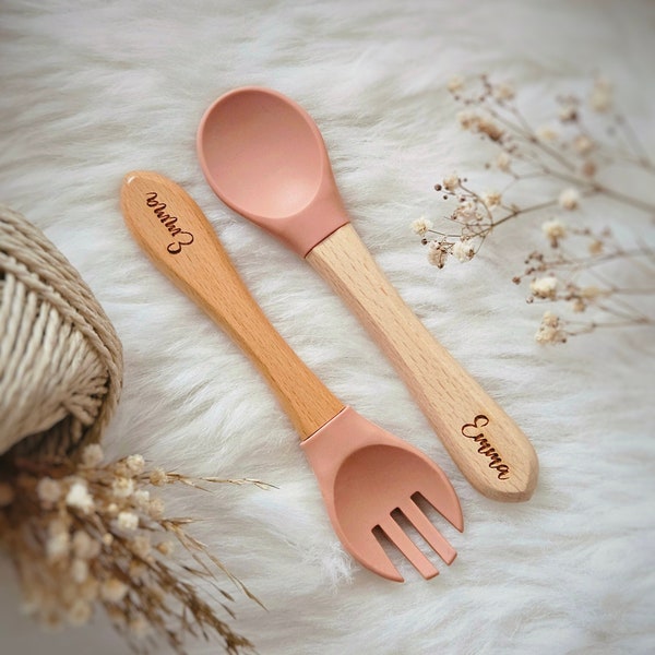 couverts personnalisés enfants, couverts en bois personnalisés, sans BPA, couverts en silicone, couverts enfants