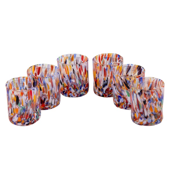 Montevideo, set of 6 Murano shot glasses color "Millefiori" handmade, Murano glass Made in Italy