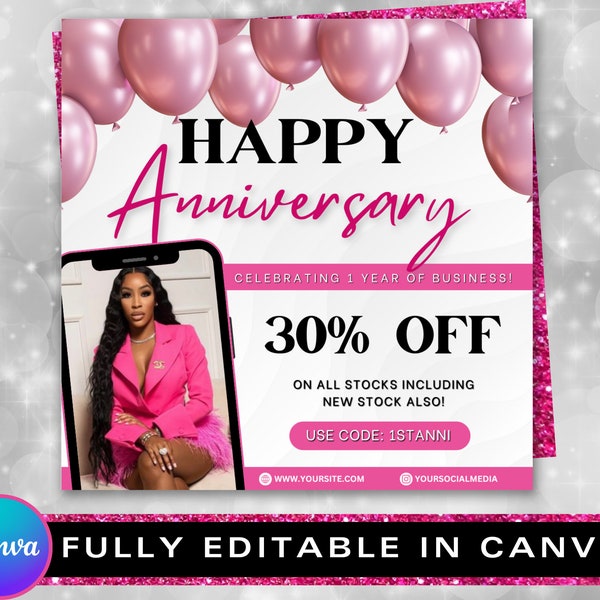 Business Anniversary Flyer, Wig Anniversary Flyer, CEO Birthday Flyer, Celebration Flyer, Birthday Sale Flyer, Lash, Hair, Nail, Boutique