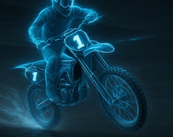 May include: A neon blue illustration of a motocross rider on a motorcycle. The rider is wearing a helmet and goggles. The motorcycle has the number 1 on the front and side. The image has a dark background.