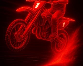 May include: A red neon illustration of a motocross rider in action. The rider is wearing a helmet and riding a motorcycle with the number 1 on the front and side. The image is set against a black background, with red light trails.