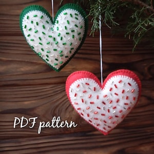 Felt christmas pattern, Embroidered felt Christmas ornament pdf, beginners embroidery, christmas ornament, christmas tree decoration, heart.