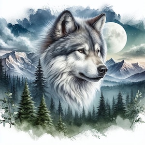 Watercolor Wolf Clipart: Winter Mountain Scene (Digital Image)