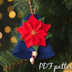Felt patterns, Felt Christmas Poinsettia Flower Bell ornaments, Christmas ornaments, Felt Poinsettia pattern,