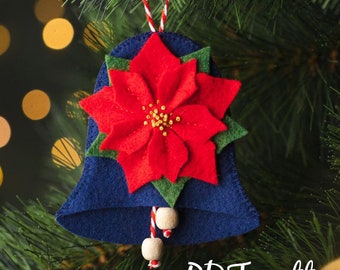 Felt Christmas Bell Ornament Pattern, Poinsettia Flower Sewing PDF, Christmas Tree Decor