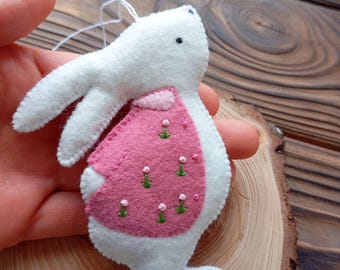 Felt bunny ornament, Easter bunny, Easter decor embroidered