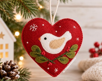 Felt Heart Bird Pattern, Christmas Ornament Sewing Pattern, PDF Template, DIY Felt Decoration
