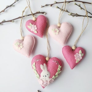 Pink wool felt with floral bunny heart design  Valentine's Day gift Felt ornament Easter decor Set of 5 hearts READY TO Ship