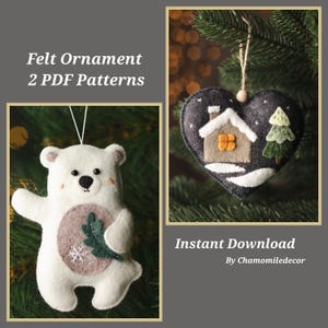Christmas Felt Ornament PDF Pattern Set – Polar Bear & Heart House (2 Designs)