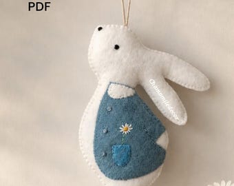 Patrón de fieltro de conejito de Pascua en PDF, patrón de costura para adornos DIY, plantilla de peluche de conejo adorable, decoración de primavera, tutorial fácil.