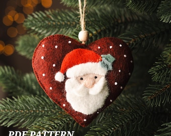 Felt Santa Ornament Pattern: Hand Embroidered Christmas Heart (PDF Pattern)