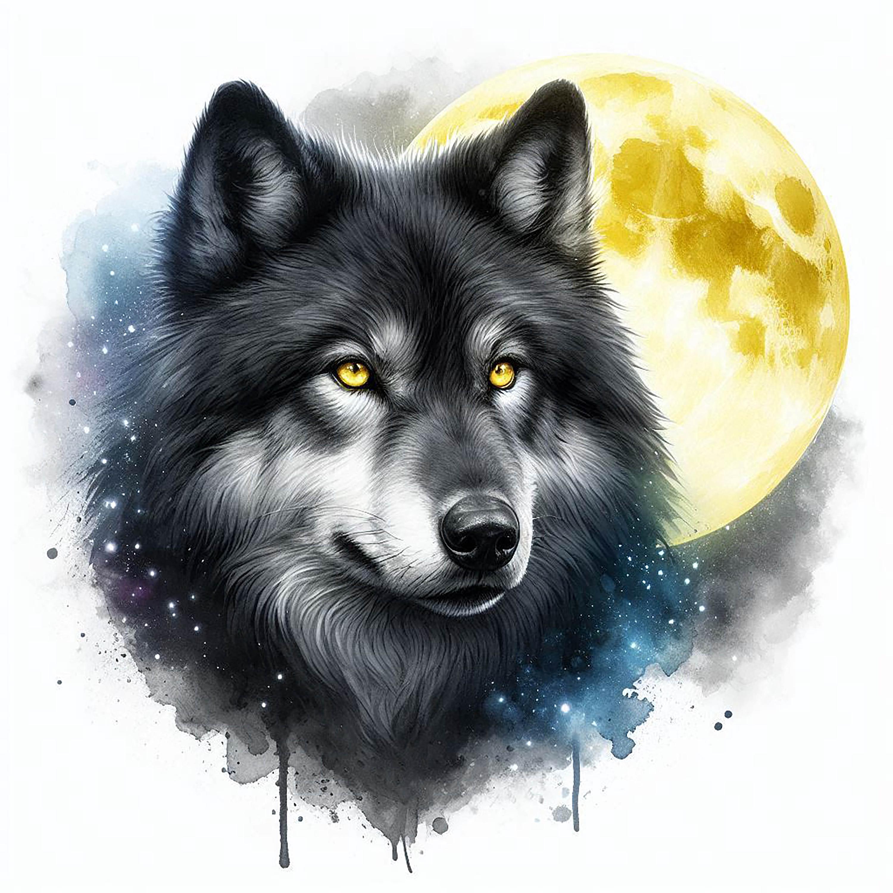 Akvarell ylande varg Clipart: Månbelyst skogsscen (digital nedladdning)