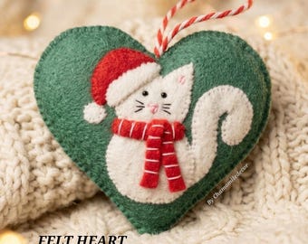 Felt Christmas Pattern Ornament | Cat in Santa hat Heart PDF Sewing Template | Handmade Holiday Decoration | DIY Felt Christmas Craft