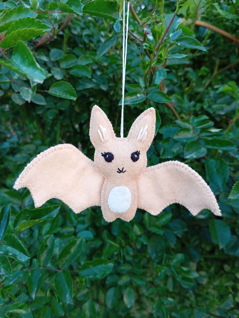 May include: A beige felt bat ornament with black eyes and a white felt belly. The bat is hanging from a white string.