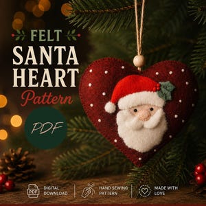 Patrón de adorno navideño de fieltro, patrón de adorno de Papá Noel, patrón de adorno de fieltro, patrón de costura de corazón navideño, PDF bordado a mano