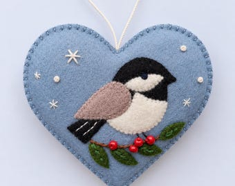 Felt Bird Christmas Ornament Pattern, Chickadee Heart PDF Sewing Pattern, Winter Felt Decoration, DIY Christmas Gift