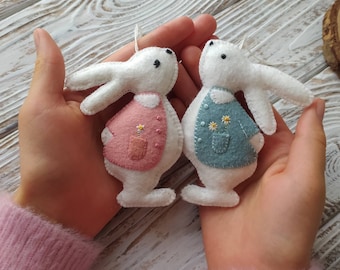 Felt bunny ornament, Easter bunny, Easter decor embroidered