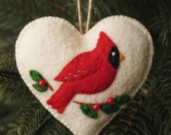 Cardinal Heart Felt Ornament Pattern, Christmas Bird Sewing Pattern, DIY Primitive Holiday Decoration, PDF Template
