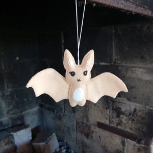 May include: A beige felt bat ornament with embroidered eyes and a white felt belly. The bat is hanging from a white string.