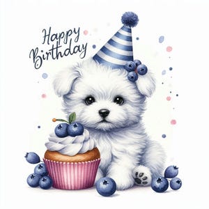 Clipart aquarelle d'anniversaire de chiot, fête de joyeux anniversaire de chiot, chiot de joyeux anniversaire avec des cliparts de gâteau, carte d'anniversaire drôle, usage Commercial