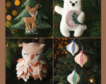 Christmas Felt Ornament Patterns Bundle, Bear Owl Christmas Tree Sewing Patterns, Reindeer PDF, DIY Holiday Decor