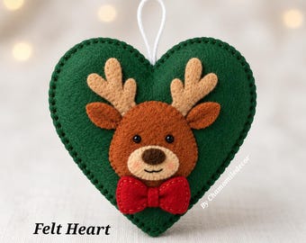 Felt Christmas Ornament Patterns, Deer Heart Ornament Pattern, Reindeer Sewing PDF, Felt Deer Head Template, DIY Christmas Ornament