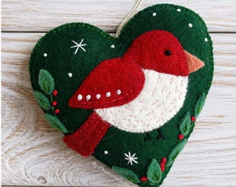 Christmas Felt Heart Ornament with Bird – PDF Sewing Pattern