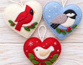 Felt Christmas Ornament Patterns Set of 3, Bird Heart Sewing Patterns, Cardinal and Chickadee PDF