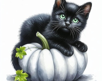 Halloween Black Cat Watercolor Clipart, Pumpkin JPG (Digital Download)