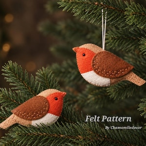 Pode incluir: Dois ornamentos de pássaros de feltro feitos à mão com cabeça bege, peito laranja brilhante, barriga branca e asas castanhas com costuras bege visíveis. Um pássaro está pendurado por um fio branco, o outro repousa num ramo. Texto: Felt Pattern.