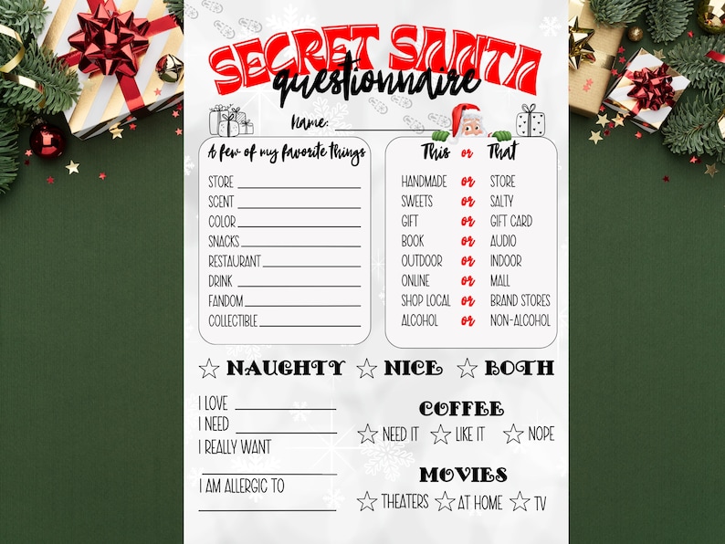 Printable Secret Santa Questionnaire Holiday Gift Exchange Form