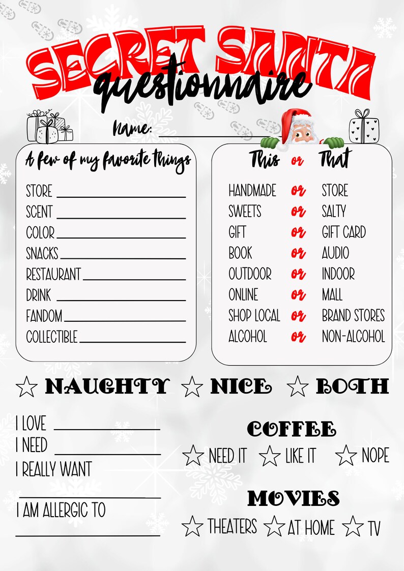 Printable Secret Santa Questionnaire Holiday Gift Exchange Form