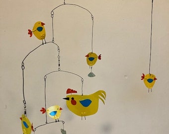 Mobile mère poule et ses poussins, Mobile cinétique, Mobile artistique, Mobile poulet, Mobile moderne, Moderne milieu du siècle