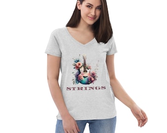 Camiseta de cuello en V reciclada para mujer con diseño de guitarra floral de BMFS / Jamgrass / Bluegrass / Cuerdas / Jam Band / Amantes de la música en vivo / Fanáticos de los conciertos / Flores