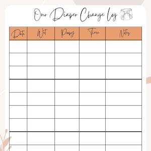 May include: A light beige diaper change log with a floral design in the corner. The log includes the title "Our Diaper Change Log" and columns for Date, Wet, Poopy, Time, and Notes. A small diaper illustration is in the top right corner.