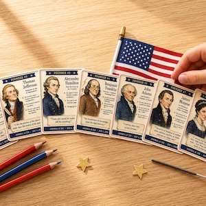 May include: A set of eight rectangular educational cards featuring illustrations of American historical figures including George Washington, Thomas Jefferson, Alexander Hamilton, Benjamin Franklin, John Adams, James Monroe, and Abigail Adams, alongside a small American flag.