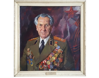 Retrato militar antiguo. Pintura al óleo original del artista ucraniano G. Gold. Retrato de un oficial militar soviético, participante en tres guerras.