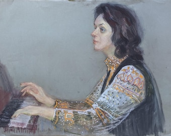 Vintage female portrait Original pastel on paper by Soviet Ukrainian artist M.Belsky Portrait of a teacher, 1970 Figurative art, Musical art