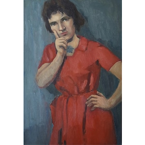 VINTAGE FEMALE PORTRAIT Original oil painting by Ukrainian artist V.Korobov, 1960s Portrait of Woman in a red dress, 27.6x17.9 inch, Realism