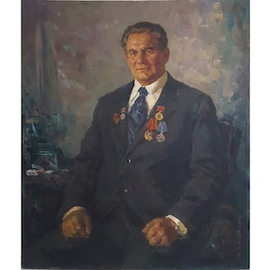 VINTAGE MALE PORTRAIT Original oil painting on canvas by Ukrainian artist K.Krylov 1977 Portrait of Foreman of Kievmetrostroy P.Bondarenko