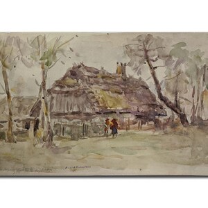 DIPINTO VINTAGE, Acquerello originale su carta dell'artista ucraino O.Maksymenko, Casa nel villaggio, 1974